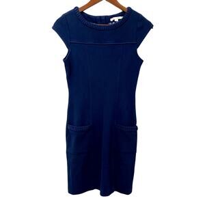 Boden Navy Blue Shift Dress Size 4R Pleated Neckline Cap Sleeve Pockets